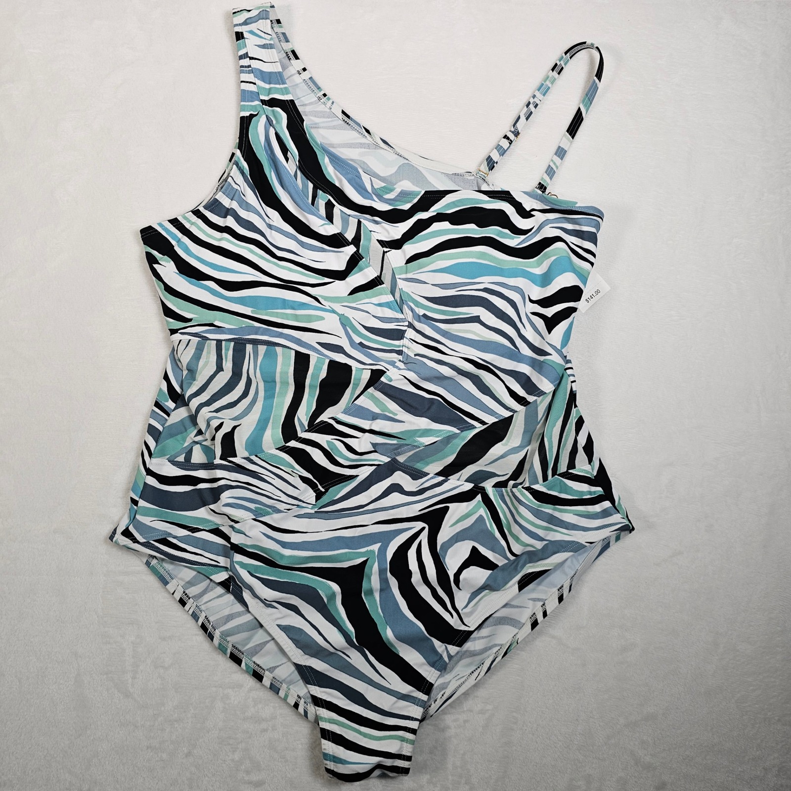 Beyond Womens One Piece Swimsuit White Multi Abstract Zebra Print Size 16